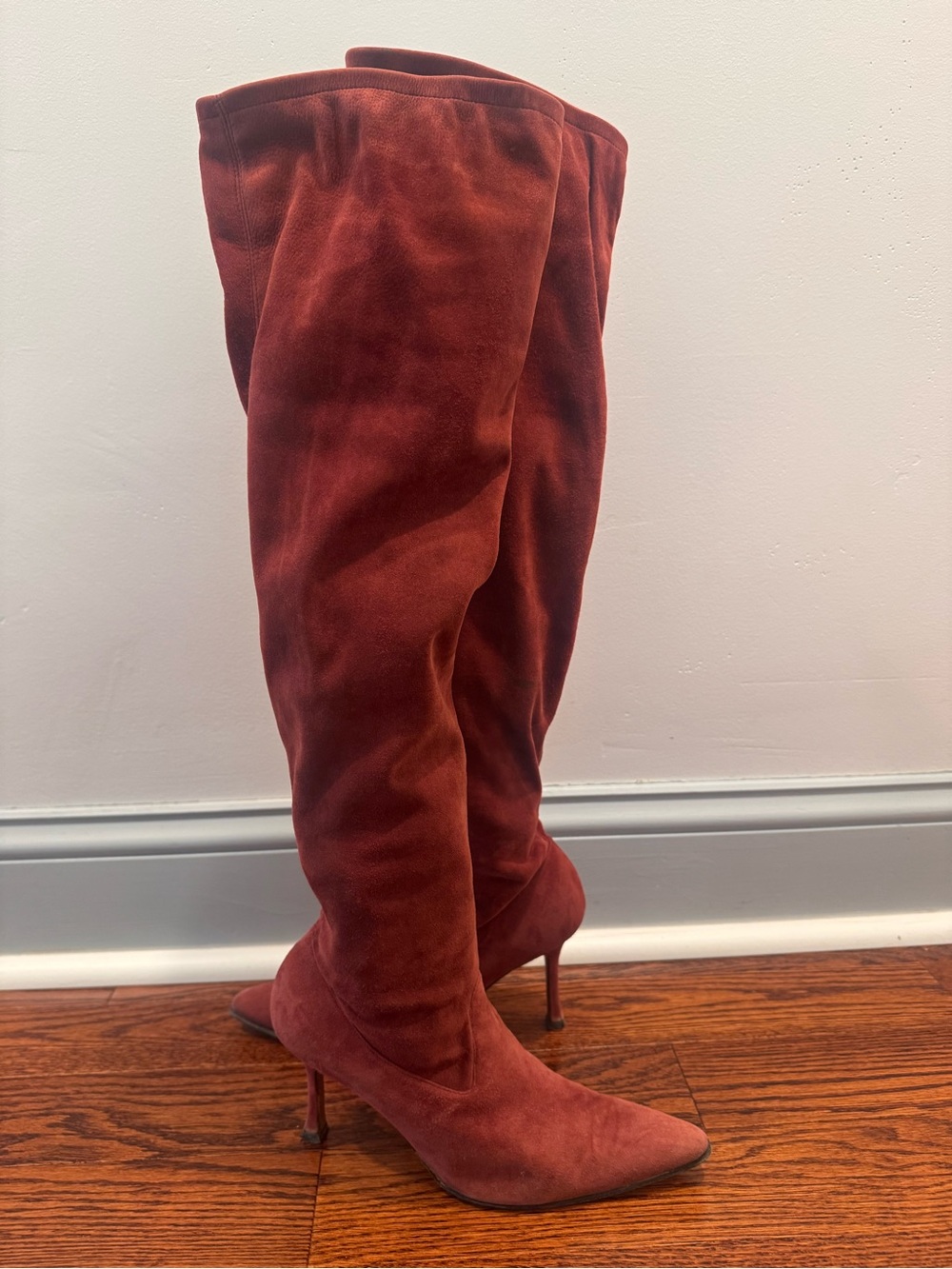 Manolo Blahnik Over-the-Knee Suede Stiletto Boots in Rust